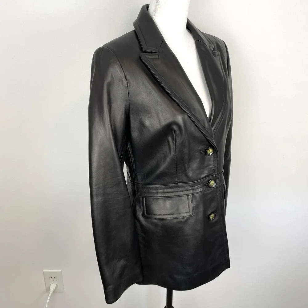 Neiman Marcus Lamb Leather Blazer Jacket In Black Size Large